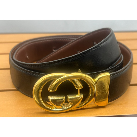 VINTAGE GUCCI Black / Brown reversible Leather Gold G Buckle Belt Size 36 - Picture 1 of 11